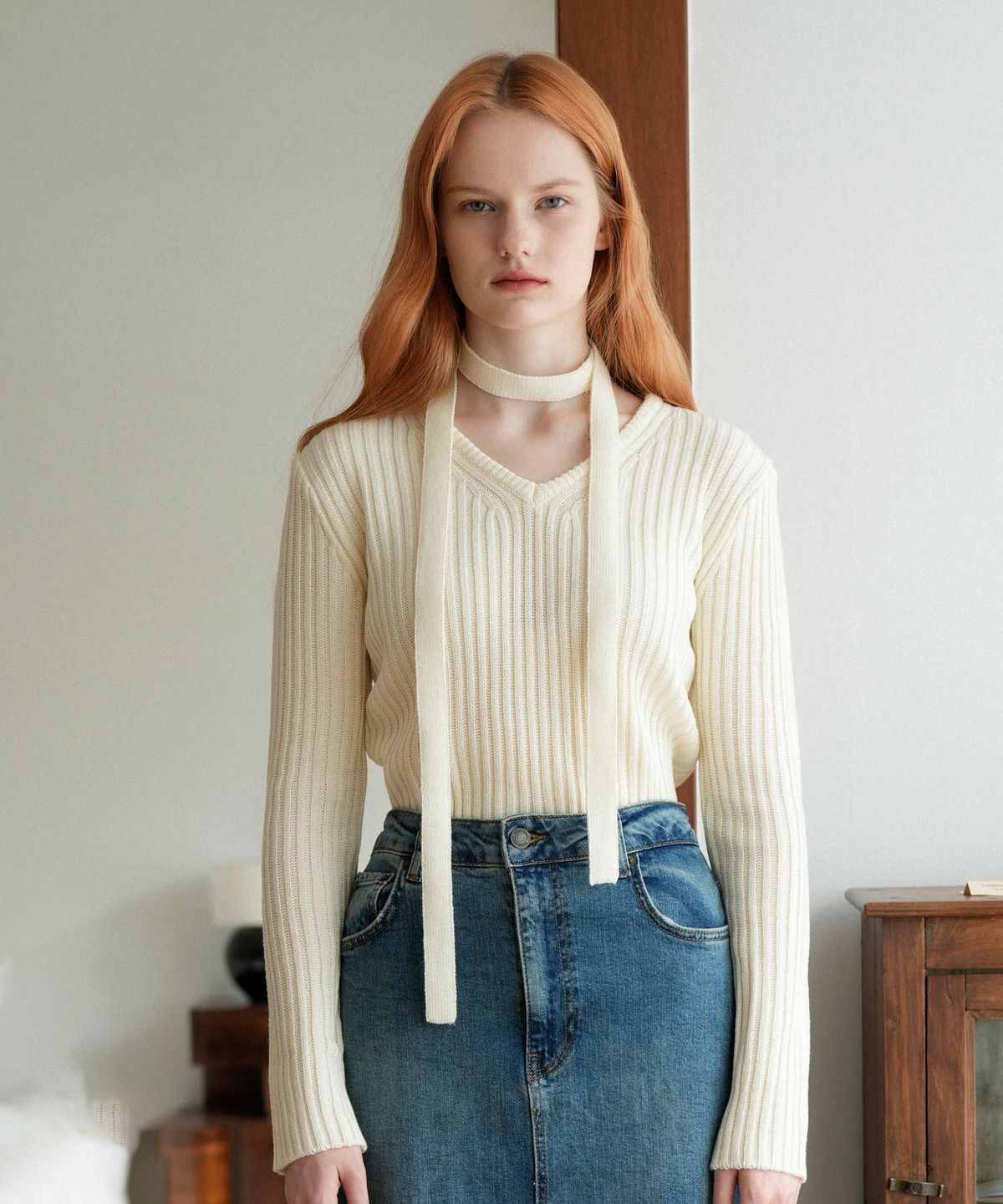 블레티(VLETI) V-neck Ribbed Tie Set Knit (Ivory)