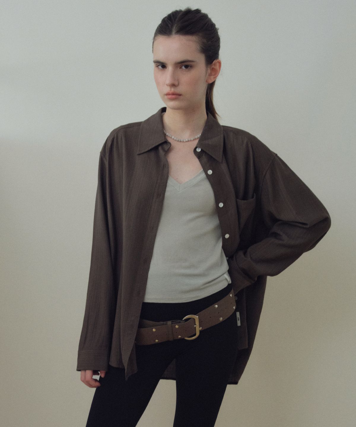 씨타(CITTA) Veiled Texture Oversized Shirt_CTT3036(Brown)