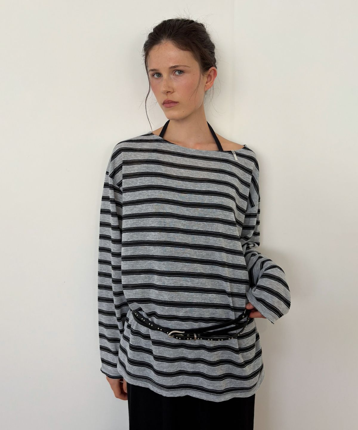 씨타(CITTA) Soft Boat-Neck Relaxed Stripe Tee_CTT3034(Melange Grey)