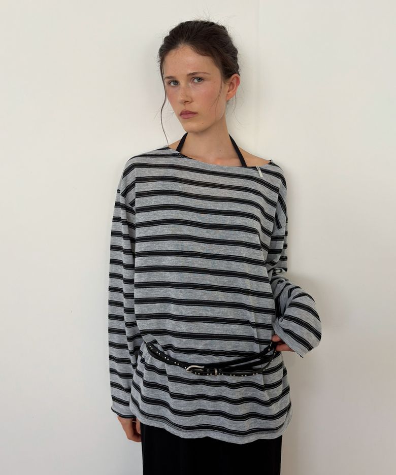 Soft Boat-Neck Relaxed Stripe Tee_CTT3034(Melange Grey)