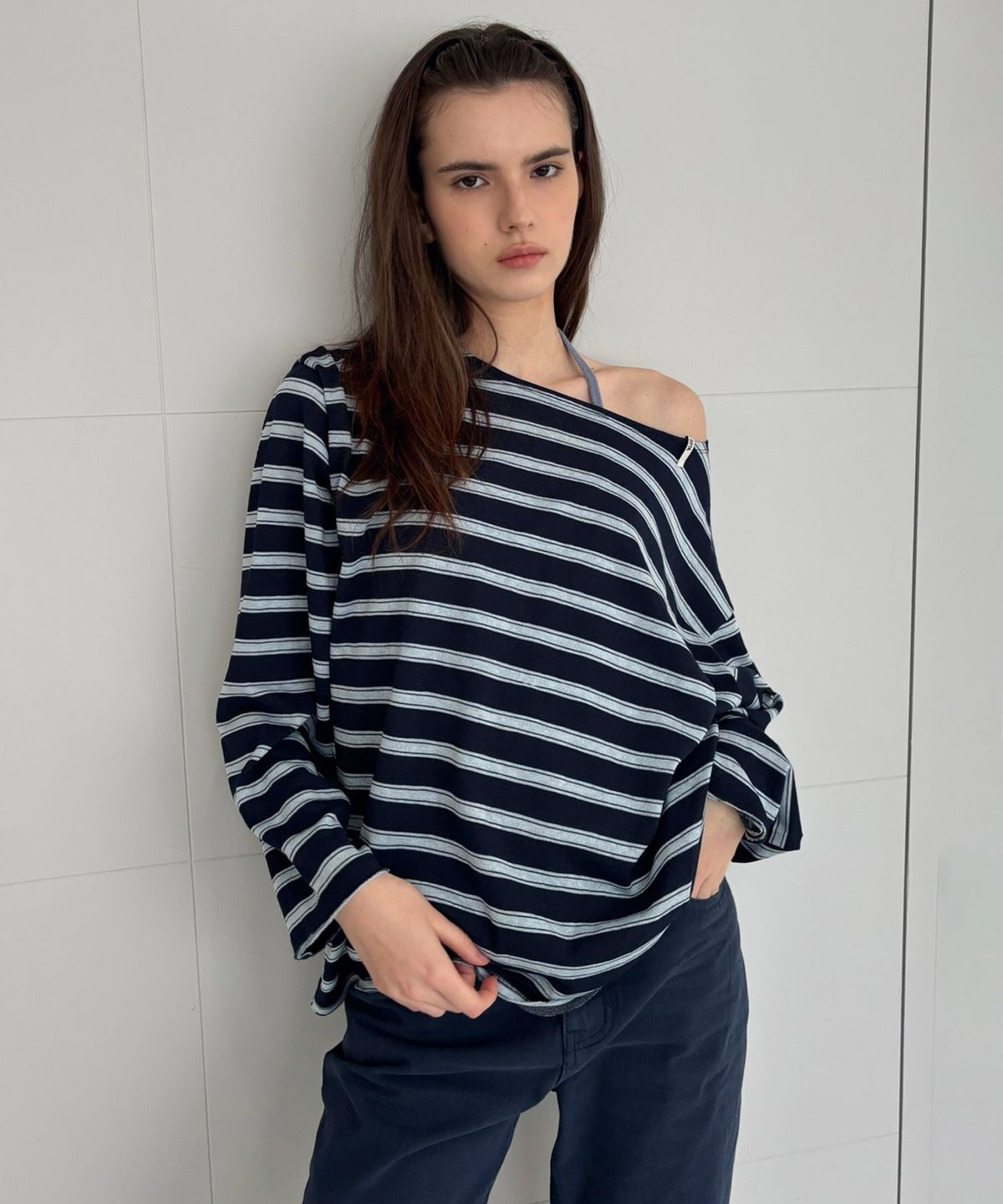 씨타(CITTA) Soft Boat-Neck Relaxed Stripe Tee_CTT3034(Navy)