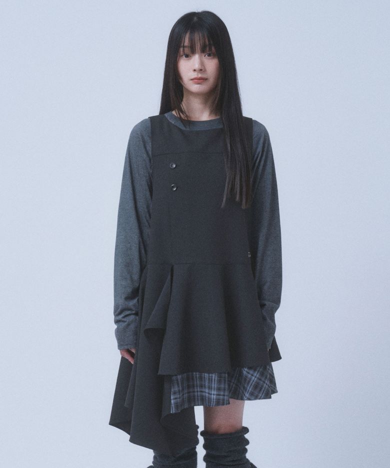 HIDDEN CHECK MIDI DRESS [BLACK]
