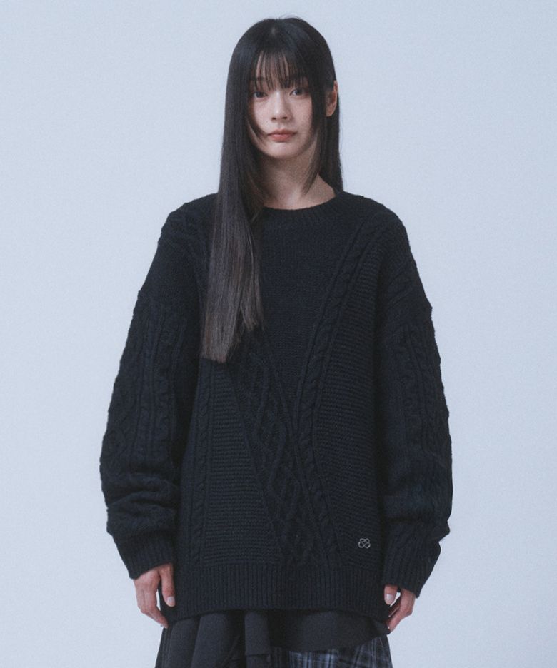 MIXED CABLE WOOL KNIT [BLACK]