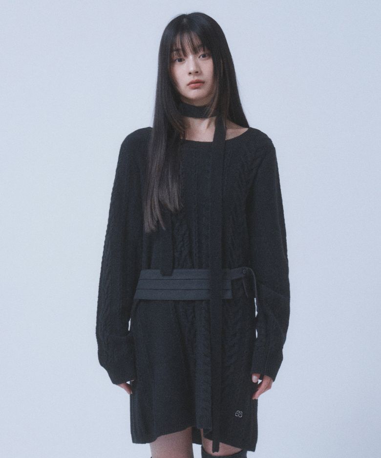HEART CABLE WOOL DRESS & SCARF [BLACK]