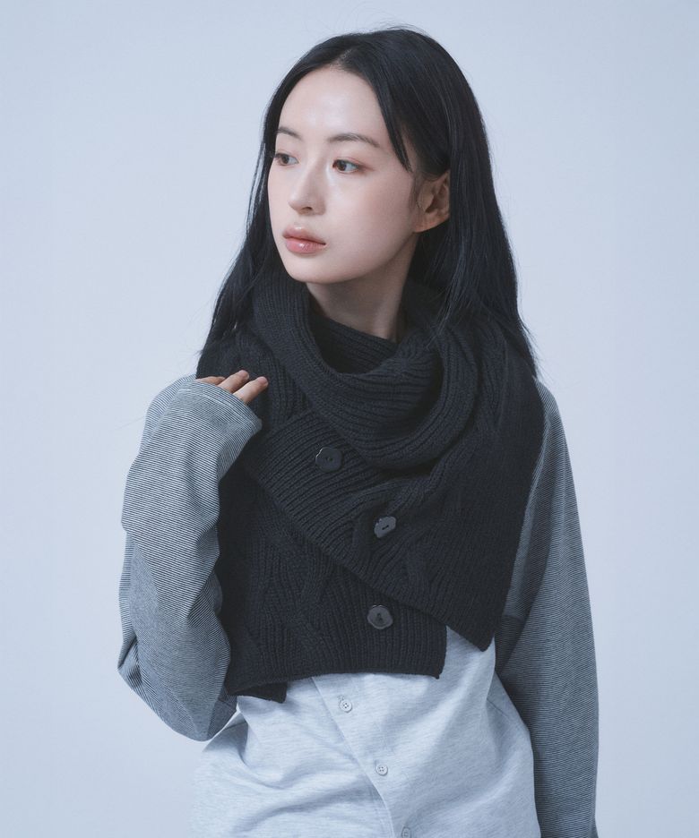BUTTON WOOL KNIT MUFFLER [BLACK]