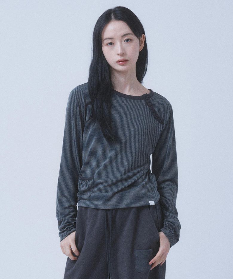 STRIPE BUTTON POCKET LONG SLEEVE [CHARCOAL]