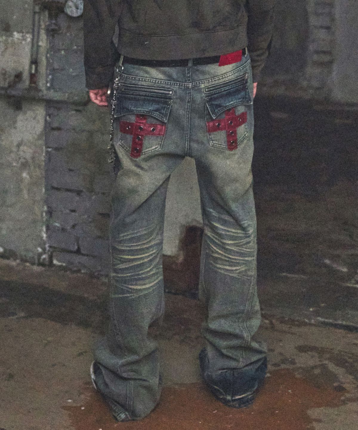 낫포너드(NOT4NERD) Contrast Panel Low Rise Flare Fit Denim Pants - Deep Blue