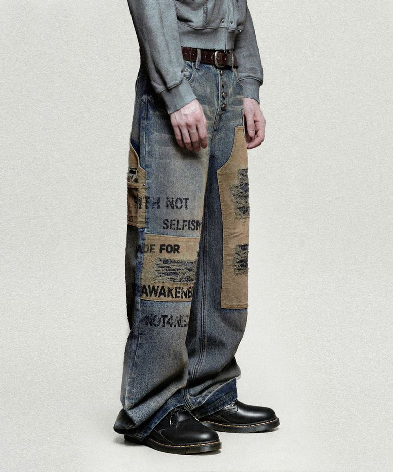 Corduroy Repair Regular Fit Denim Pants - Deep Blue
