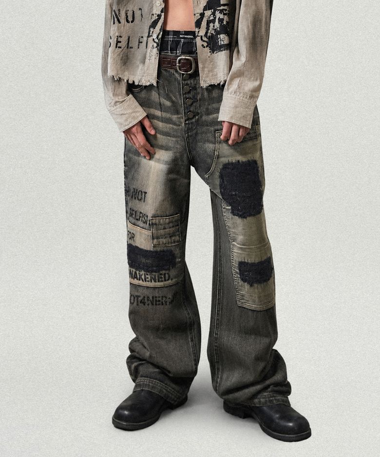 Corduroy Repair Regular Fit Denim Pants - Black