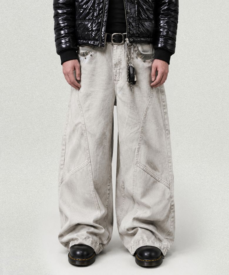 Stud Panel Wide Denim Pants - Ivory