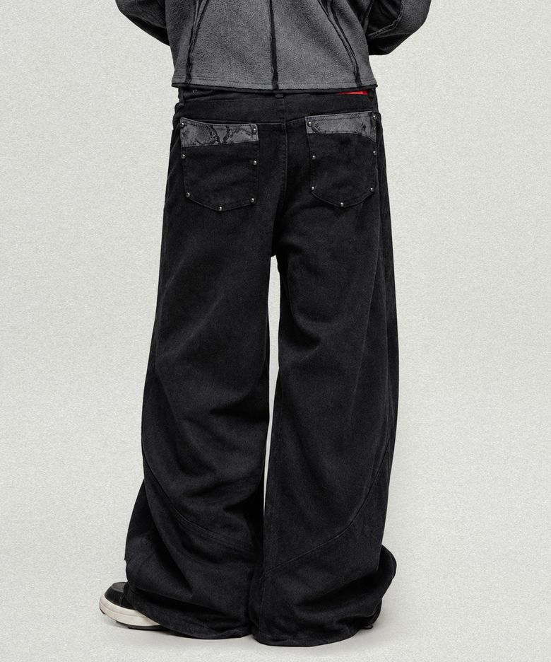 Stud Panel Wide Denim Pants - Black
