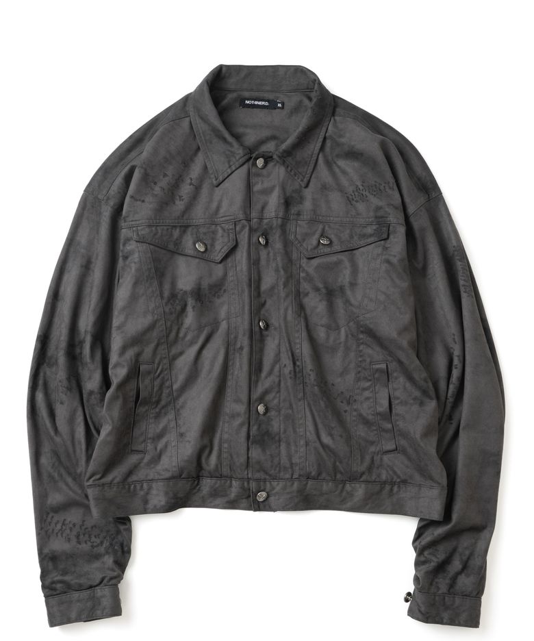 Dirty Washed Distressed Suede Trucker Jacket - Charcoal