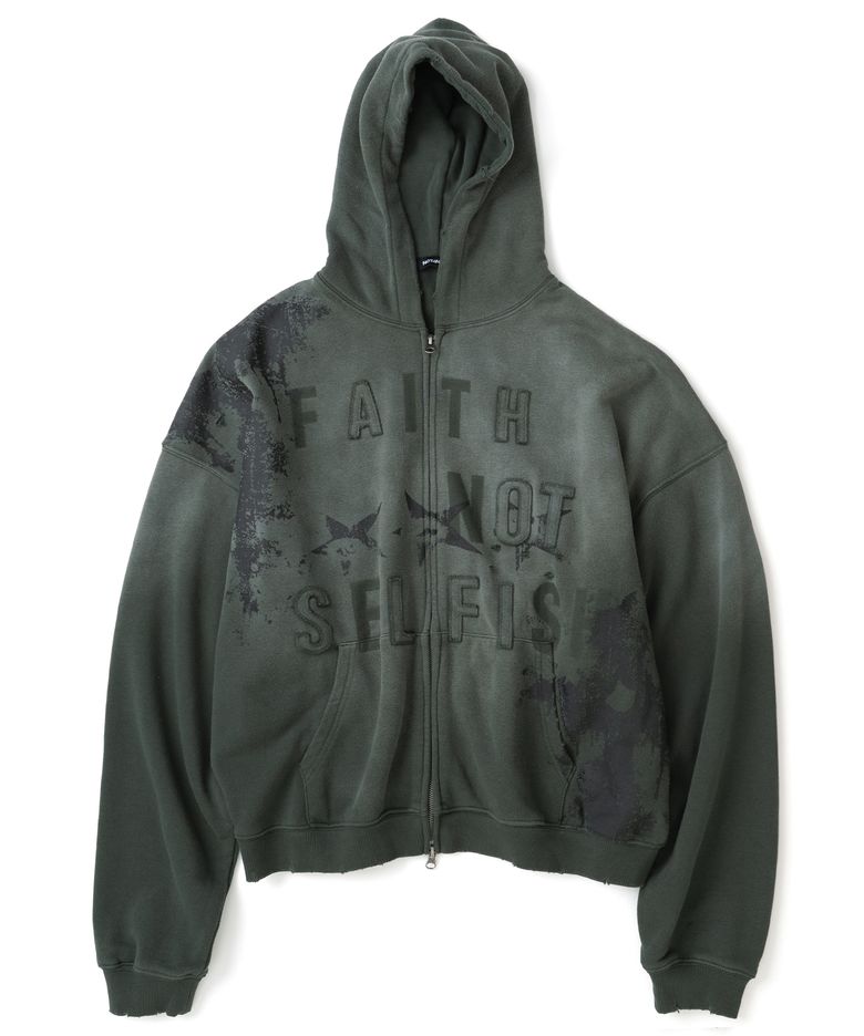 Faith Not Distressed Hood Zip Up - Green