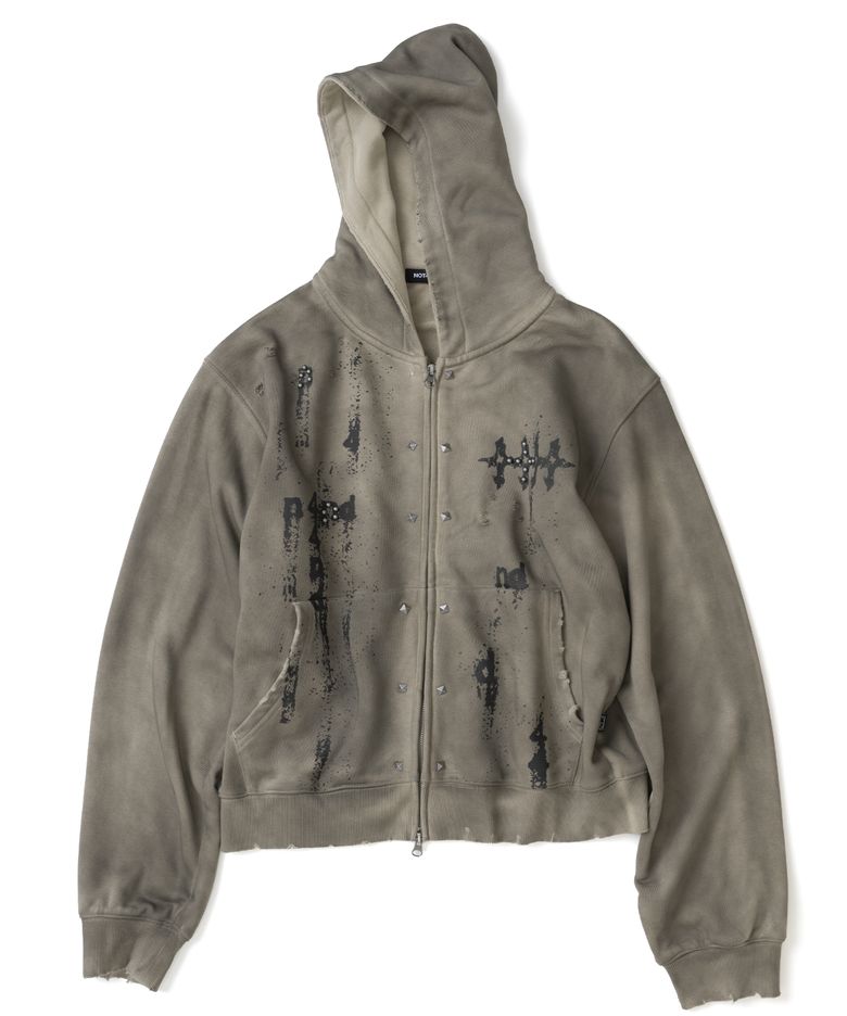 Stud Oil Washed Hood Zip Up - Beige