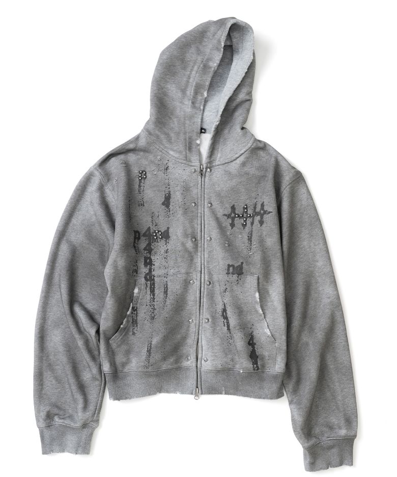 Stud Oil Washed Hood Zip Up - Grey