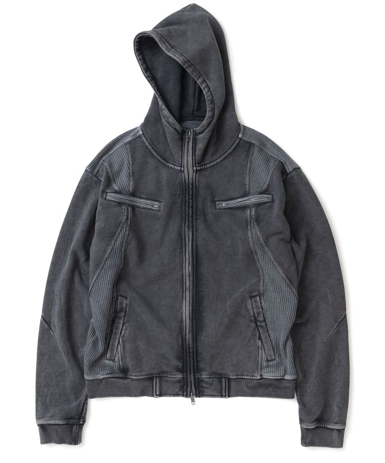 Waffle Panel Pigment Hood Zip Up - Charcoal