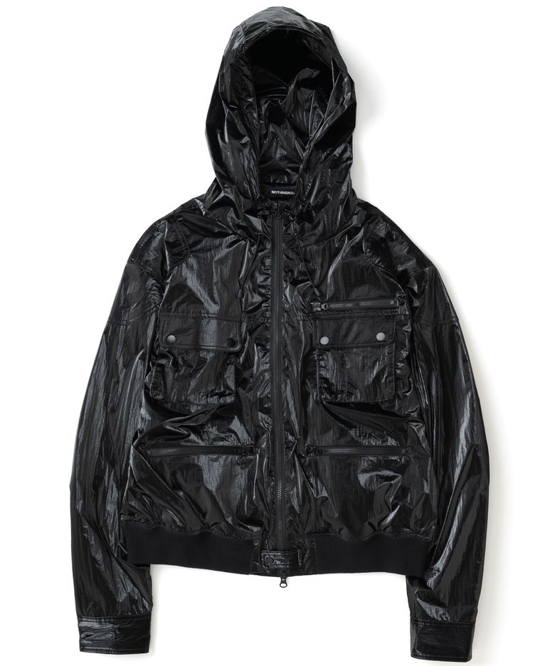 Gloss Utility Pockets Windbreaker Jacket - Black