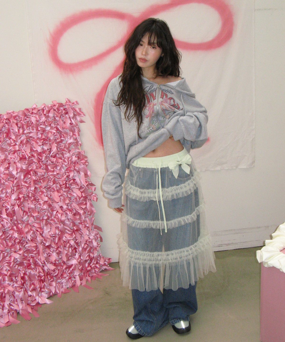 론론(RONRON) RIBBON PIN SET SHEER TULLE SKIRT MINT
