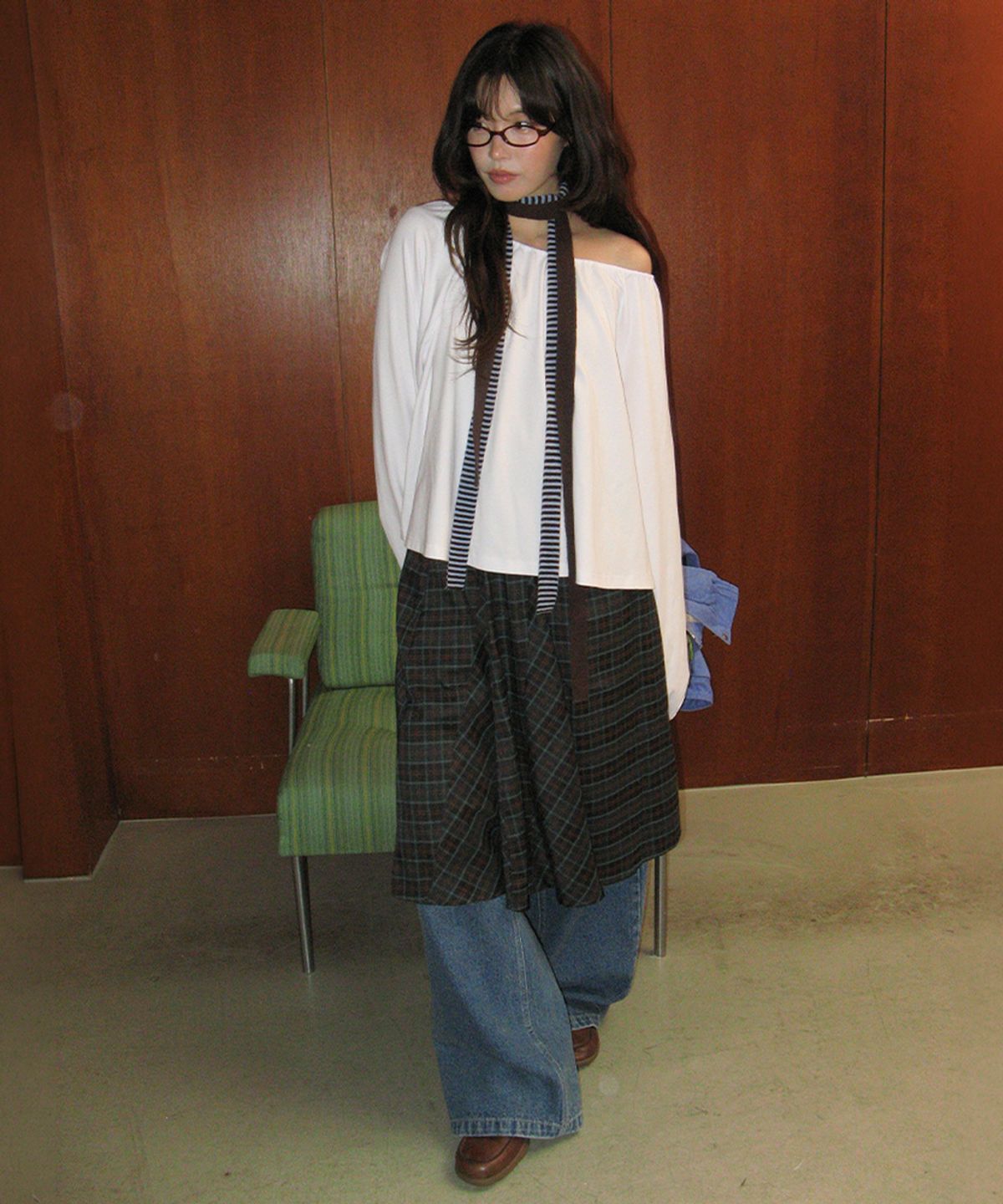 론론(RONRON) CHECK FLARE BANDING MIDI SKIRT GREEN