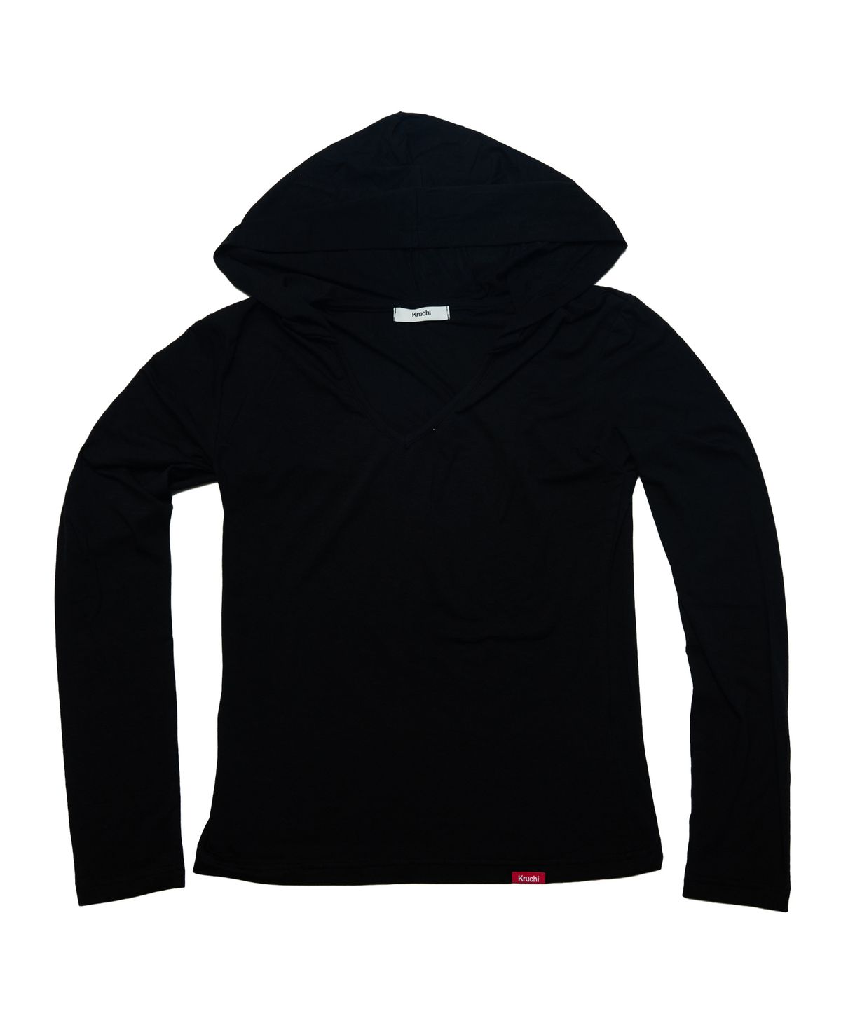 크루치(KRUCHI) Tencel Long-Sleeve V-Neck Hoodie (BLACK) WOMENS