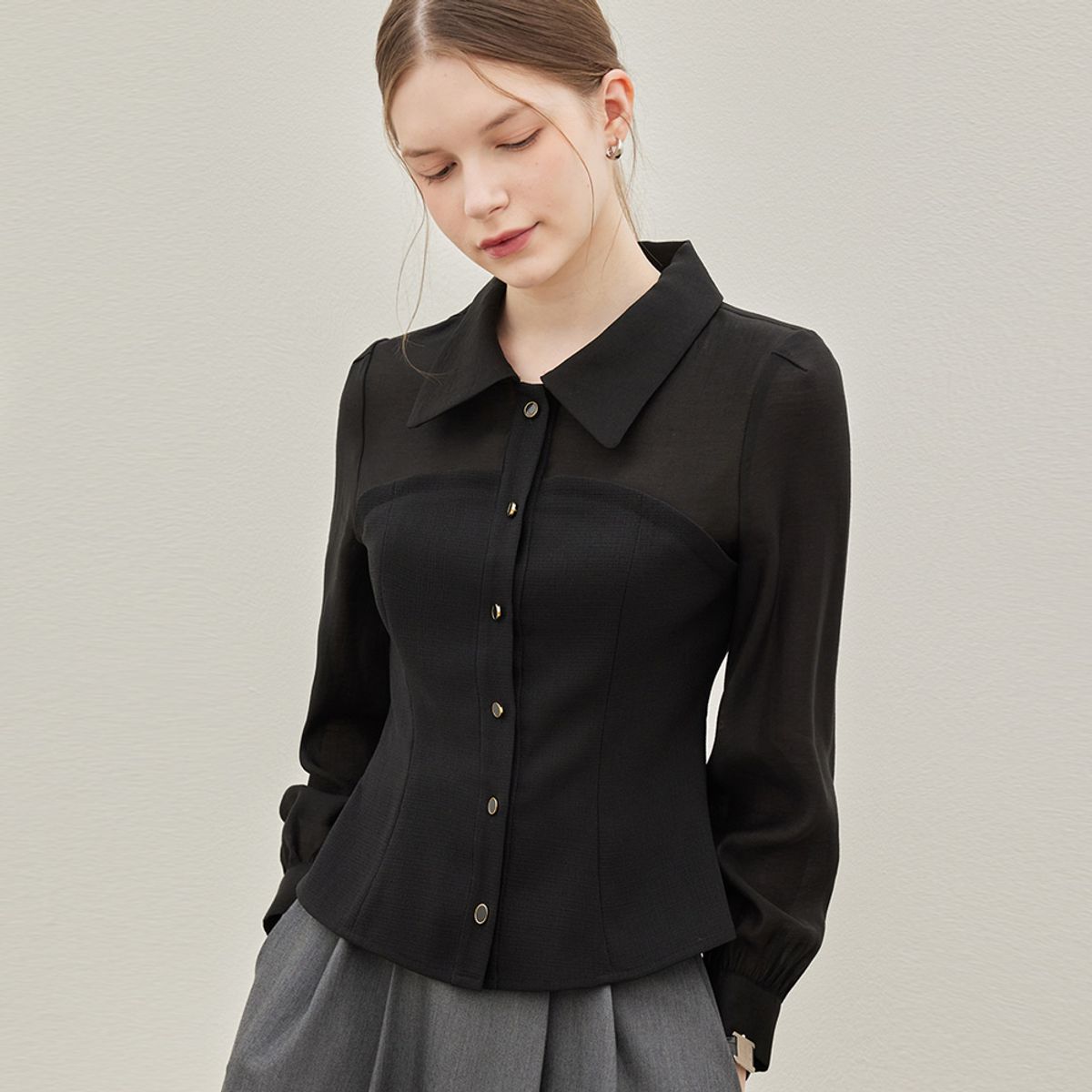 히이크(HYYK) Bustier Combi Button Blouse_Black