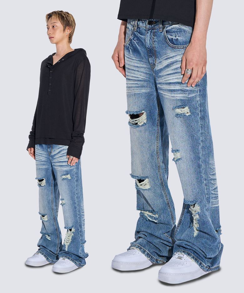 WASHED DAMAGE DENIM FLARE PANTS (WASHED BLUE)