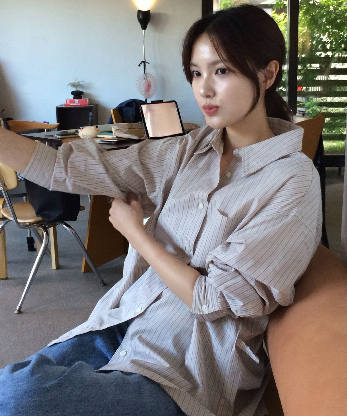 마인드브릿지 우먼(MIND BRIDGE WOMEN) [W]베이지 핀 스트라이프 랩 셔츠
