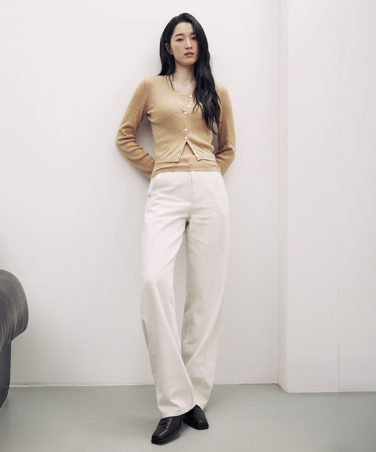 마인드브릿지 우먼(MIND BRIDGE WOMEN) [W]딥커브드 와이드 라이트 베이지 데님 팬츠