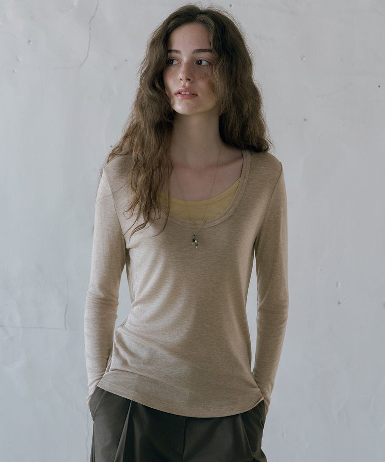 A3634 레이어드 U넥 티셔츠_Beige