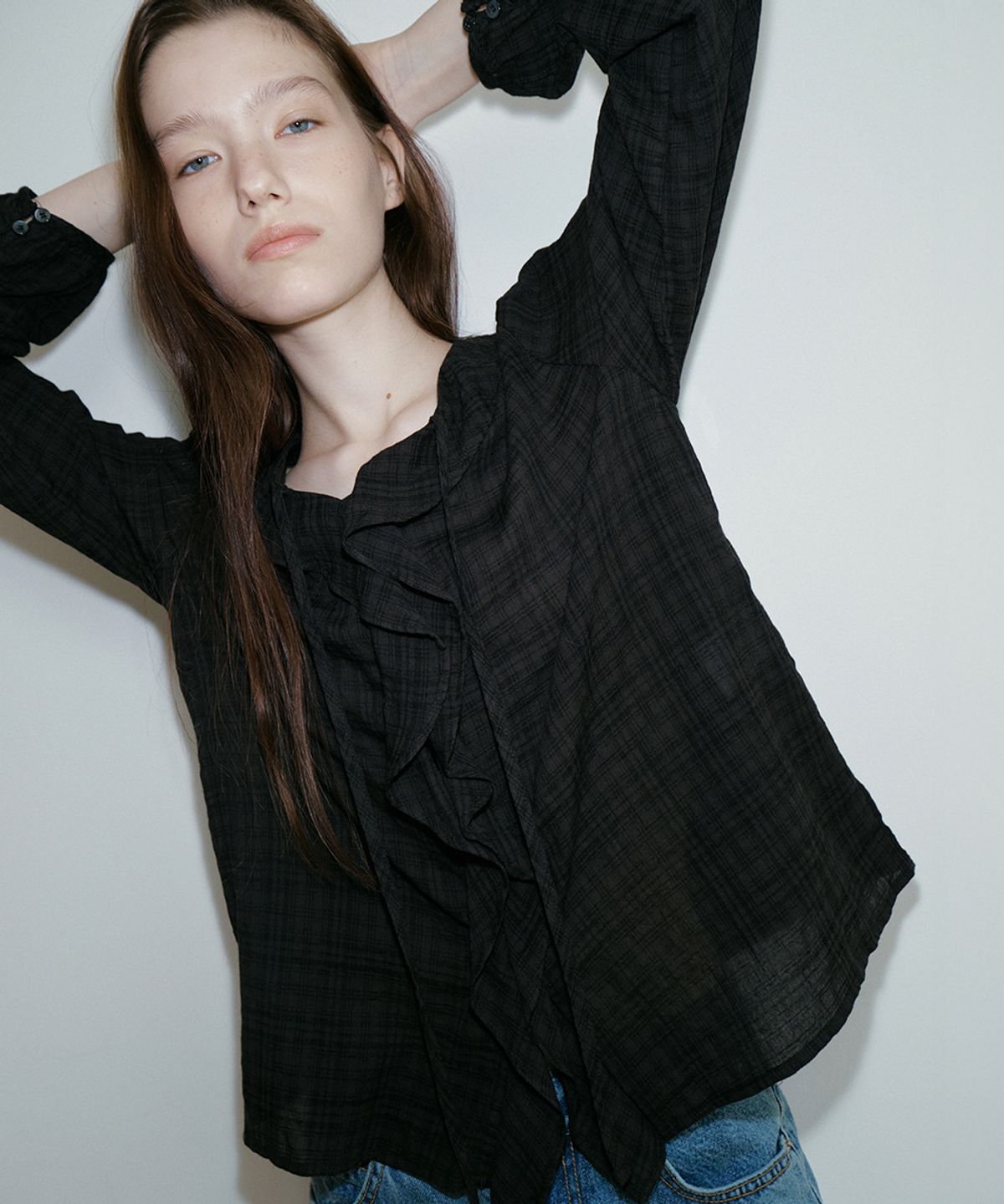 프리버07(FRIVER07) Ruffle shirring check blouse [FRFA05BL02]_Black