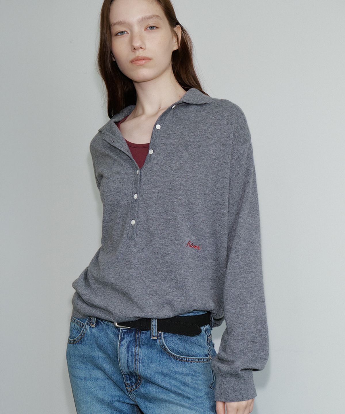 프리버07(FRIVER07) Button collar pk knit [FRFA05NT02]_Gray