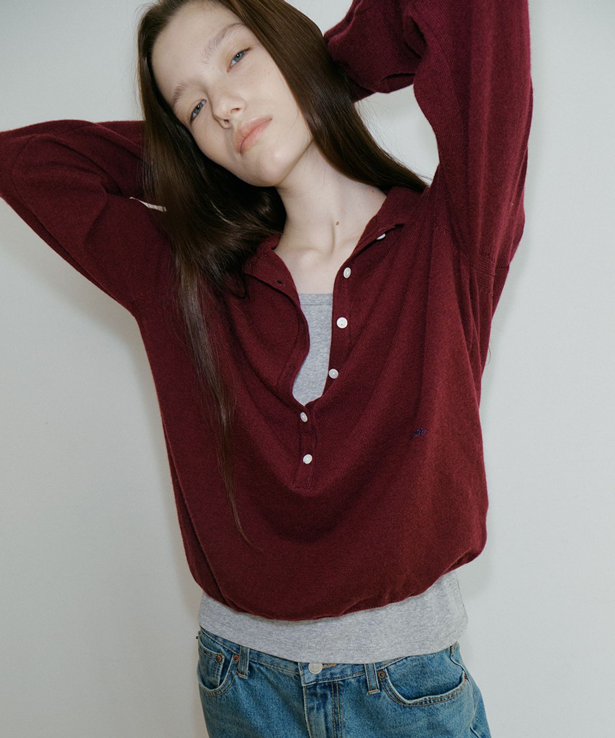프리버07(FRIVER07) Button collar pk knit [FRFA05NT01]_Wine