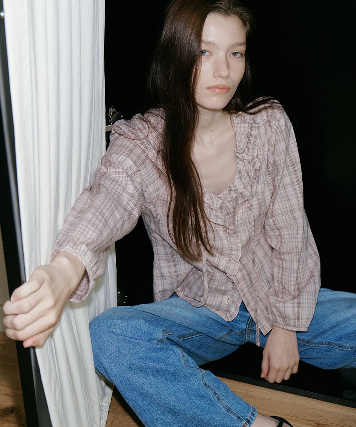 프리버07(FRIVER07) Check ruffle tie blouse [FRFA05BL04]_Pink
