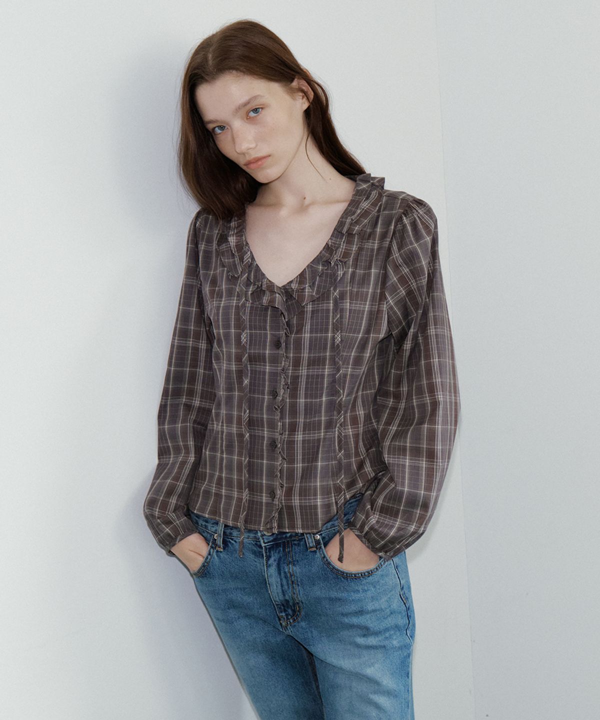 프리버07(FRIVER07) Check ruffle tie blouse [FRFA05BL03]_Charcoal