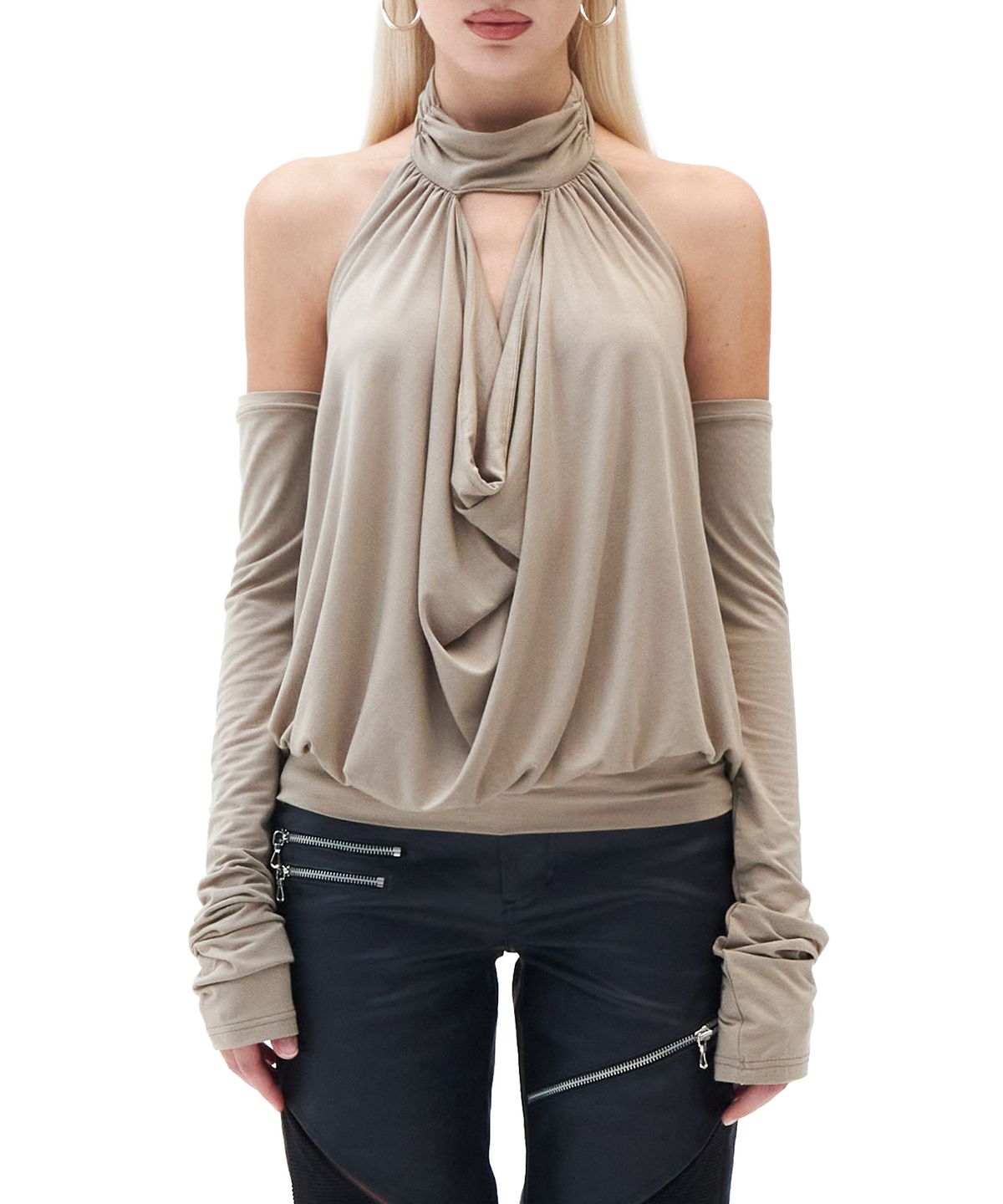 힐다(HILLDA) Draped Mock Neck Top [Taupe]