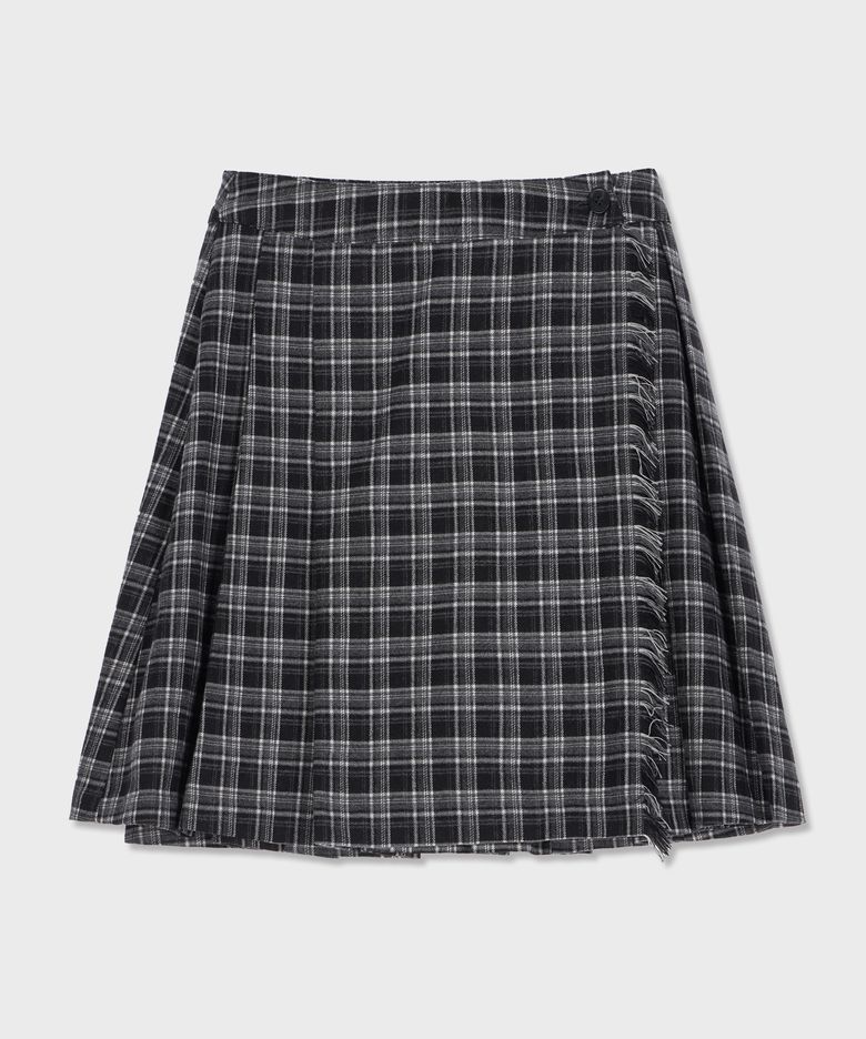 [w] 프린지 체크 랩 스커트 블랙