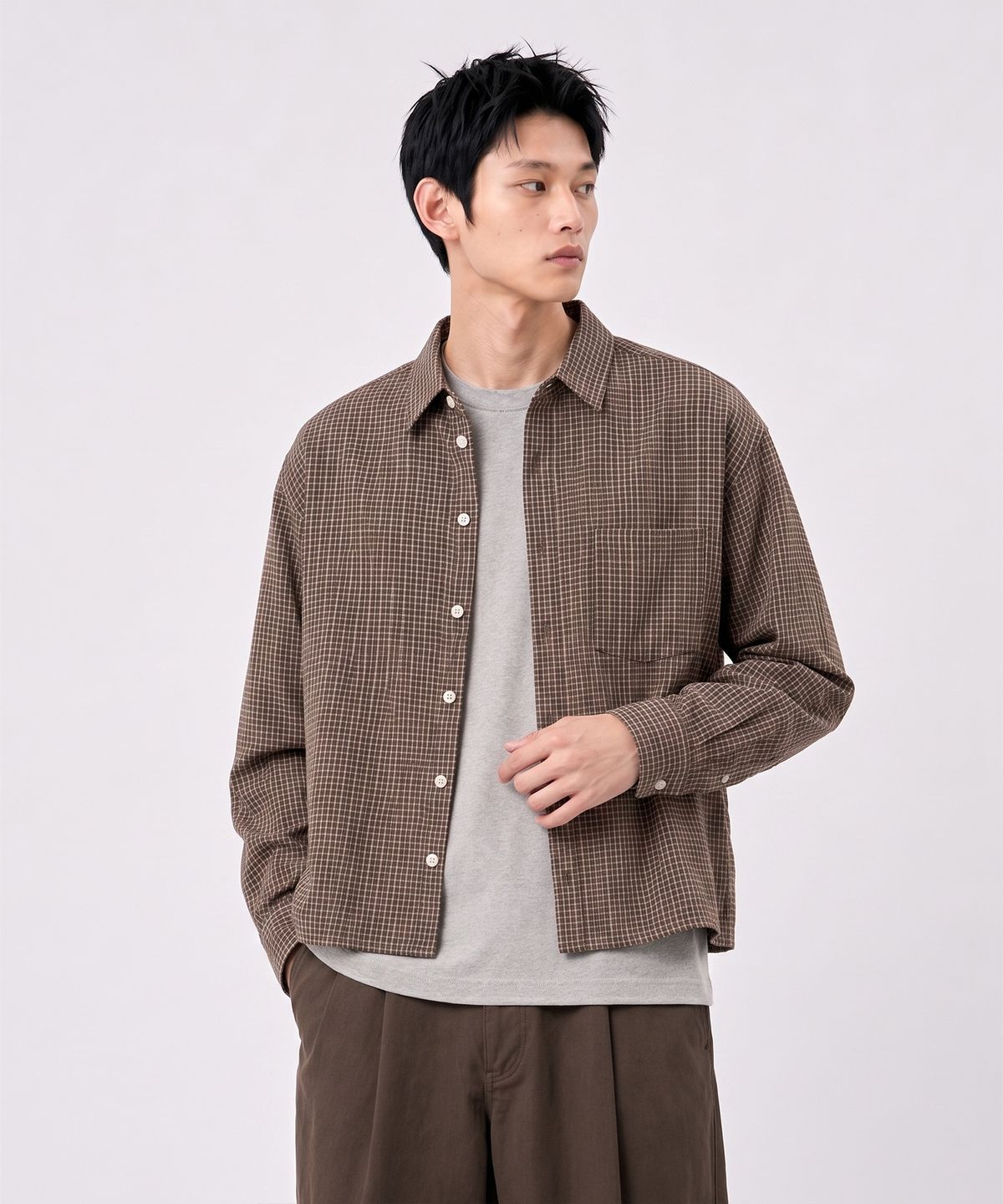 언더오프(UNDEROFF) 마이크로 체크 크롭 셔츠 브라운