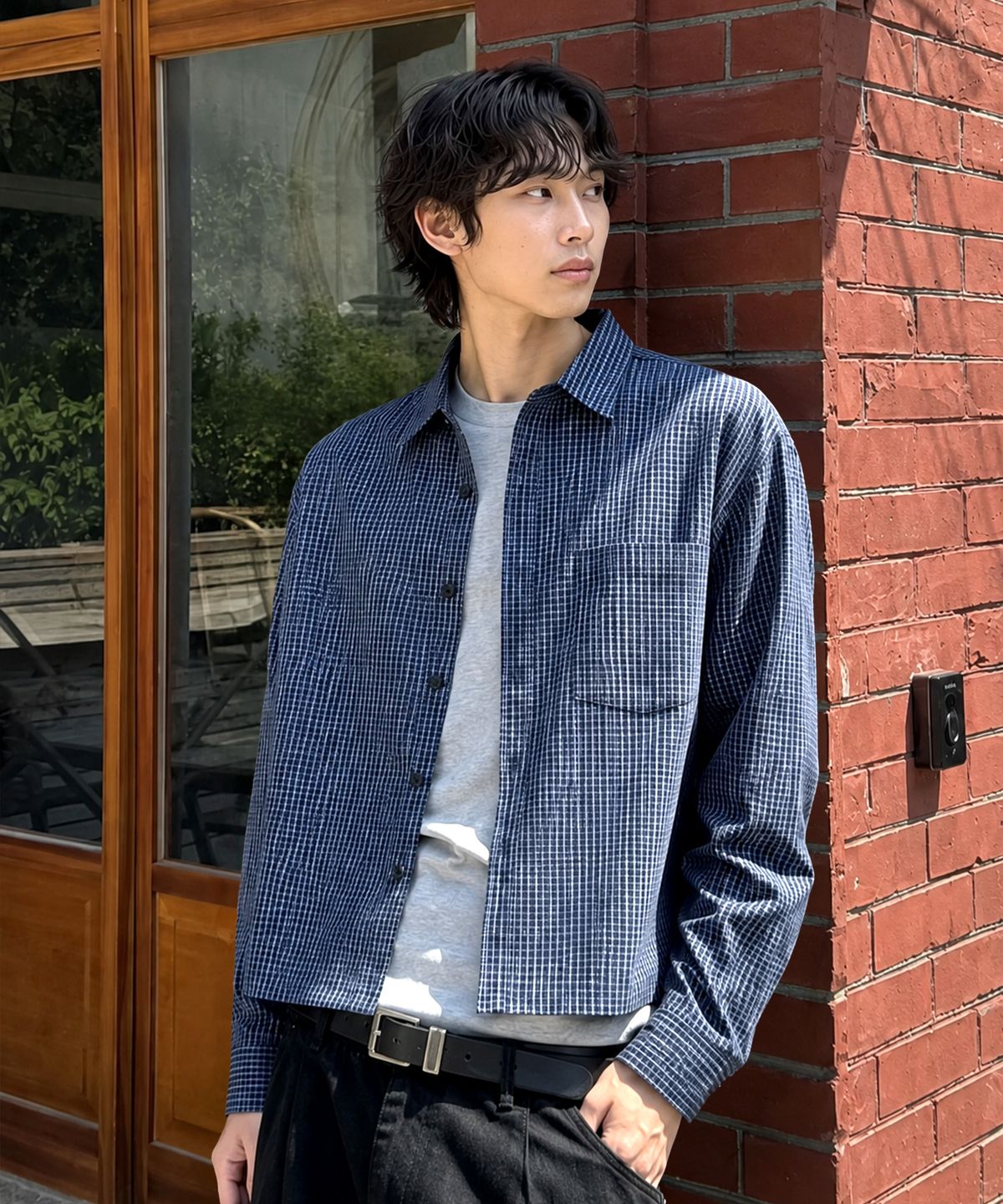 언더오프(UNDEROFF) 마이크로 체크 크롭 셔츠 네이비