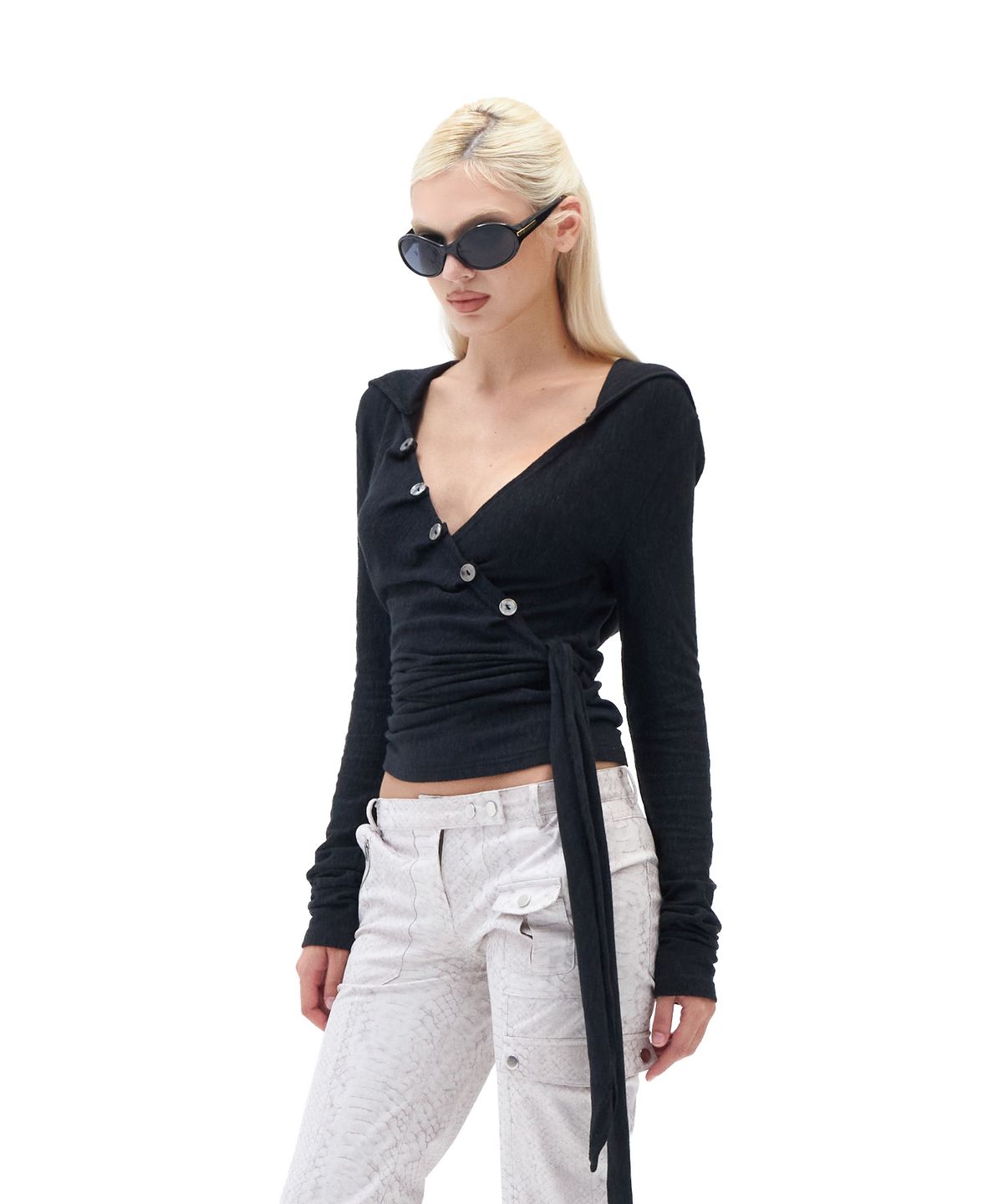 힐다(HILLDA) Layered Wrap Hood Top [Black]