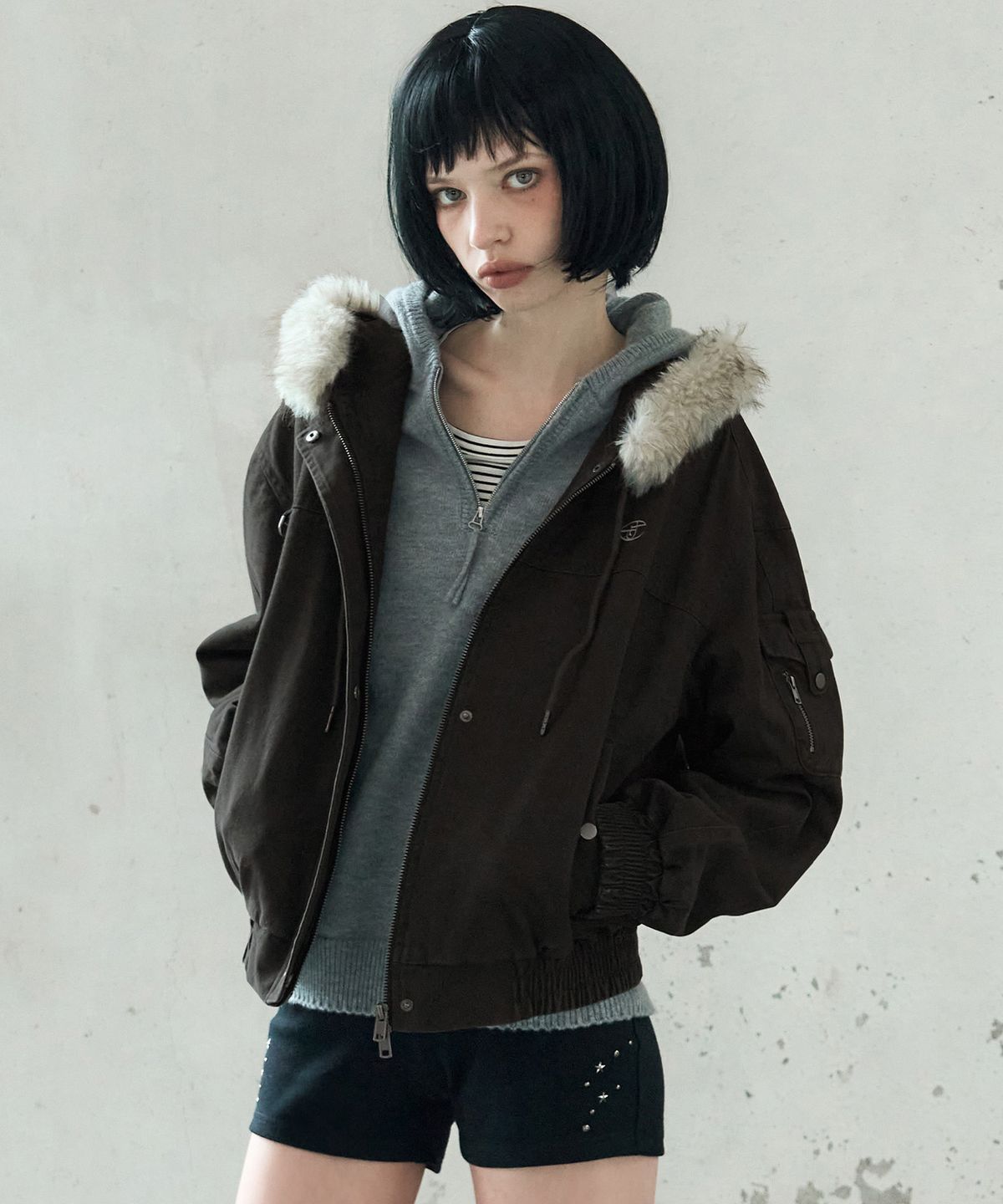 레더리(LEATHERY) 워시드 퍼 후드 자켓 [MOSS BROWN]