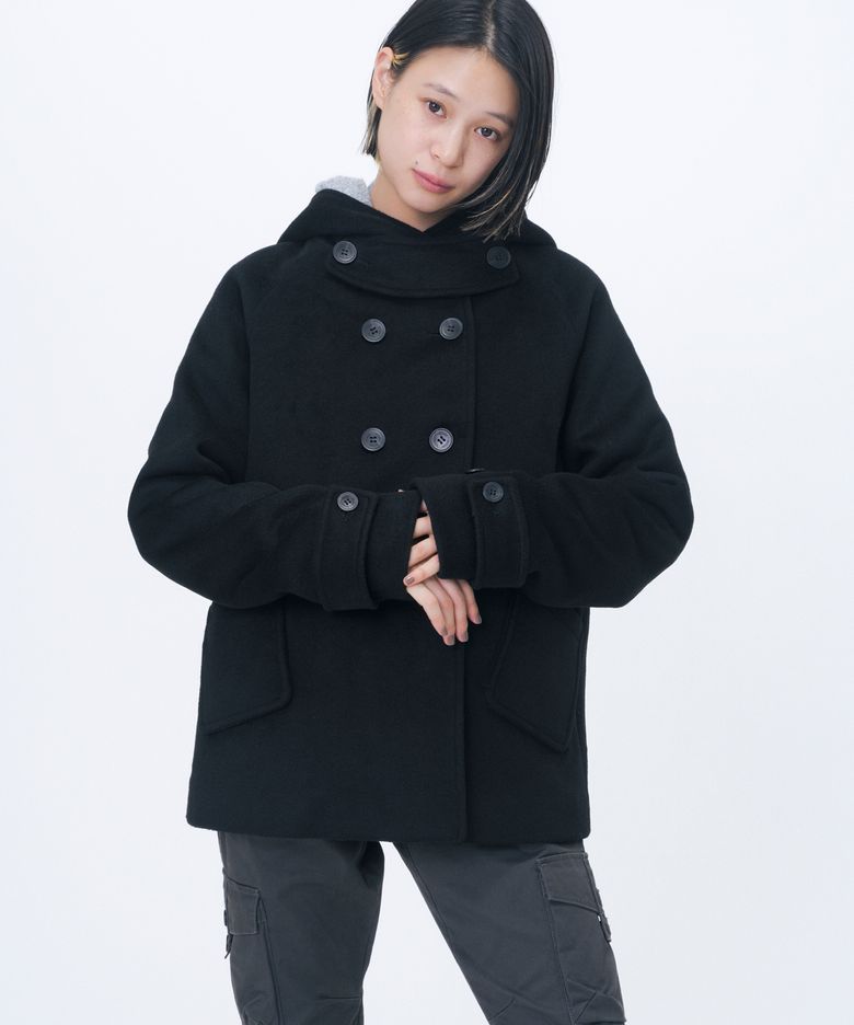 Hoodie double button coat BLACK
