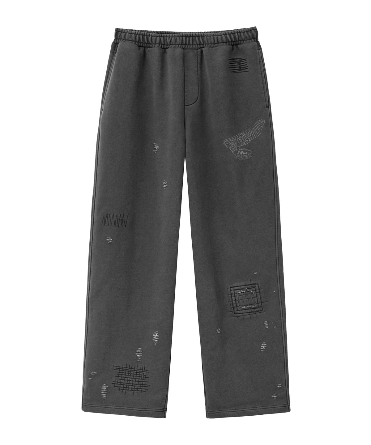 핍스 모터사이클(PHYPS MOTORCYCLE) Pigment Damage Patchwork Sweat Pants Charcoal