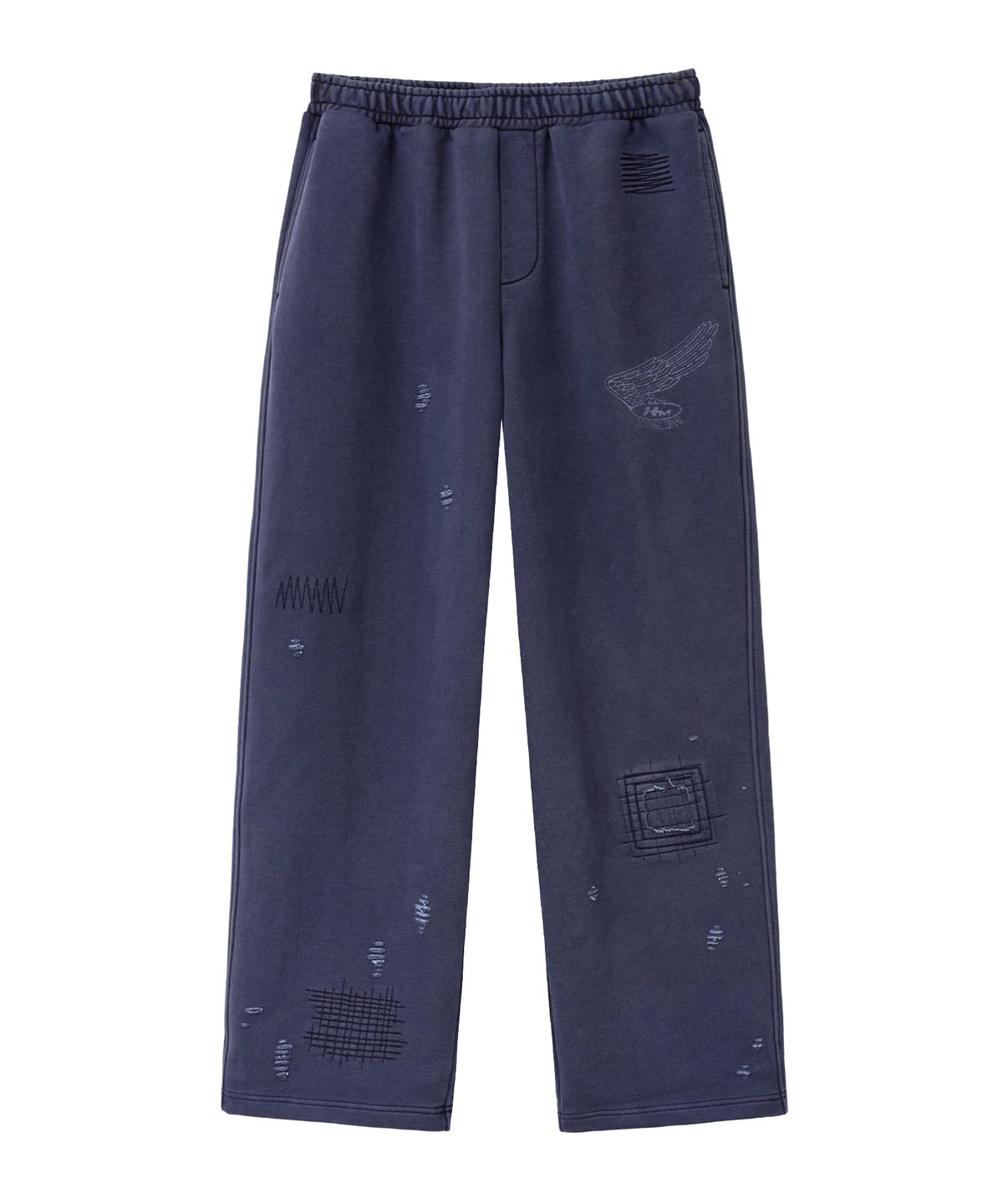 핍스 모터사이클(PHYPS MOTORCYCLE) Pigment Damage Patchwork Sweat Pants Navy
