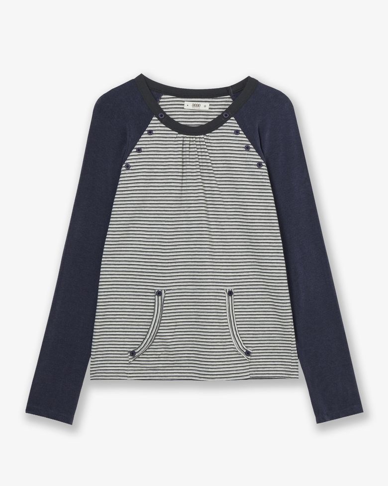 BUTTON SHIRRING POCKET TEE [CHARCOAL]