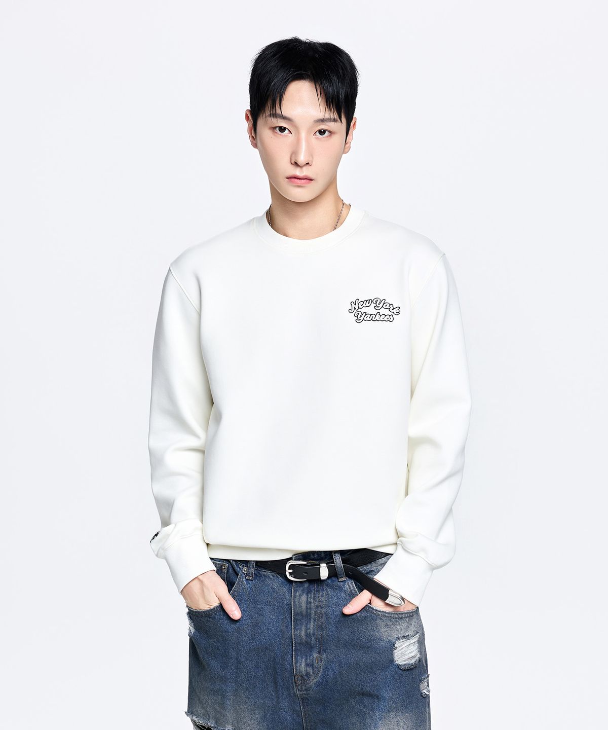 엠엘비(MLB) 베이직 스몰 레터링로고 맨투맨 NY (Cream)