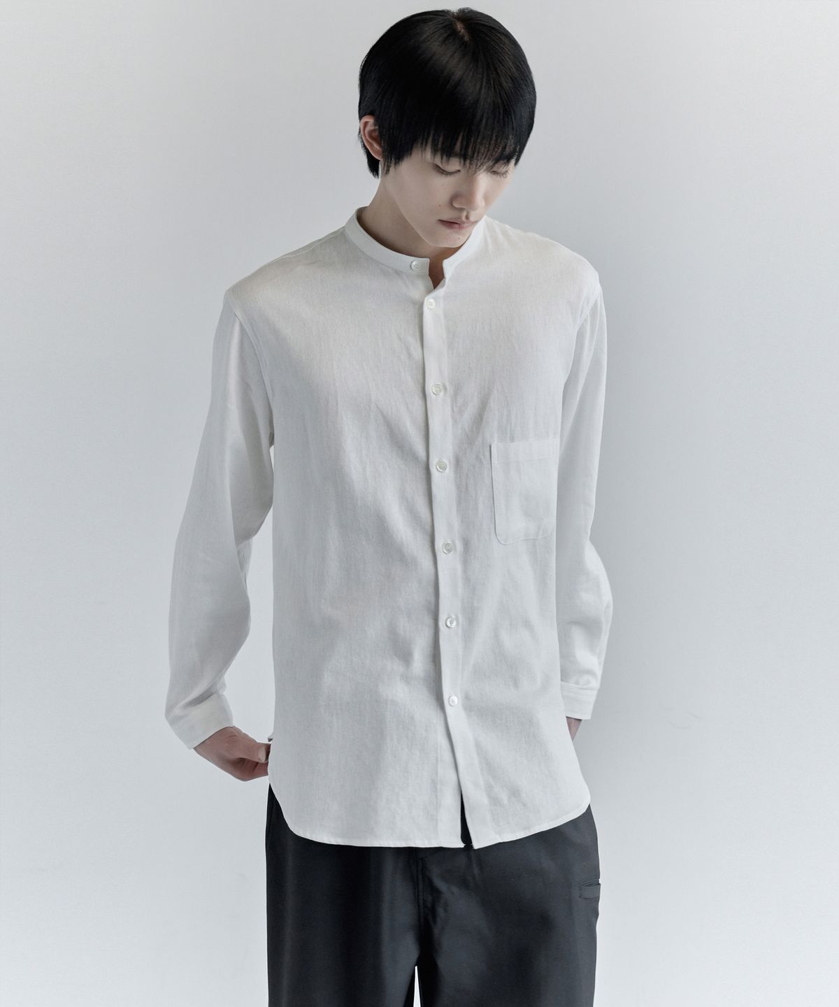 키류(KIRYU) LINEN BAND COLLAR SHIRT (WHITE)