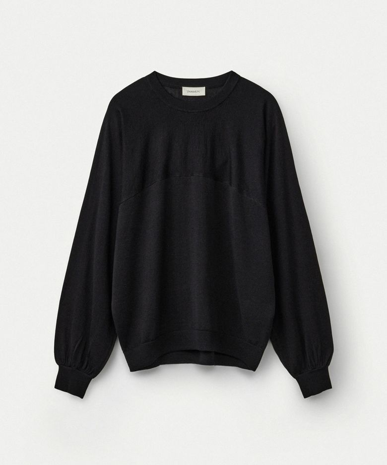 Wool silk cashmere oversized crewneck pullover_Black