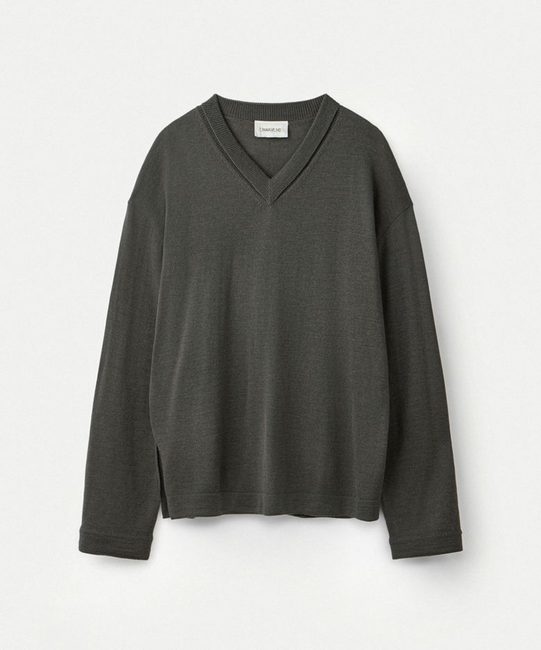 Merino wool folded v neck pullover_Dusty olive
