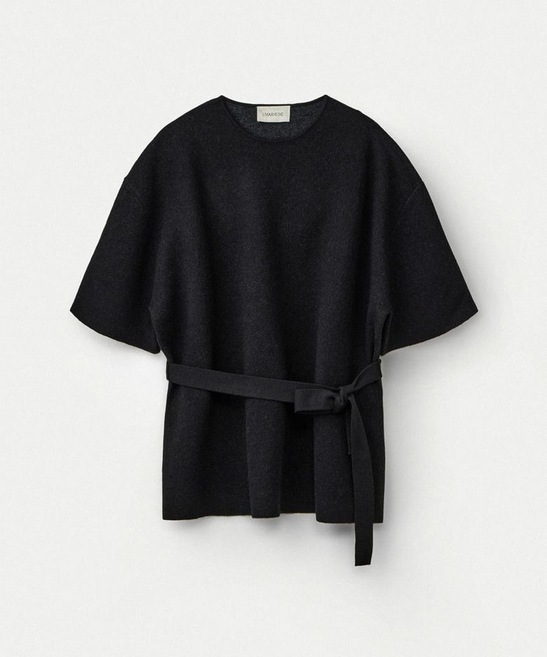 Fine merino wool double faced half sleeve pullover_Black