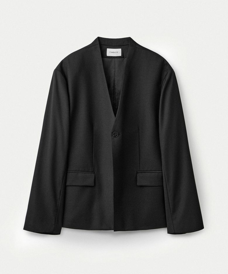 Worsted wool zip-back collarless jacket_Black